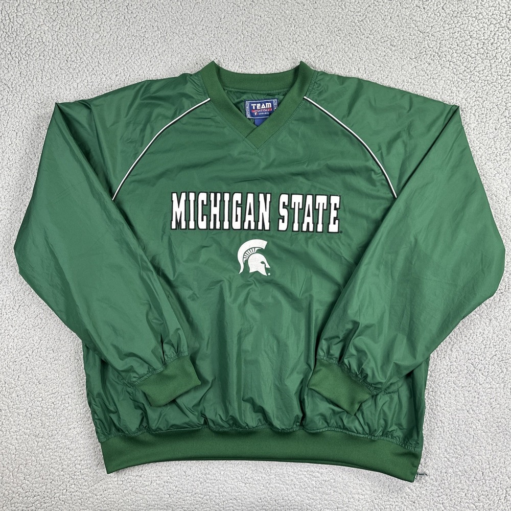 VTG Team Edition Michigan State Windbreaker Men XL Green Embroidered Logo V-Neck